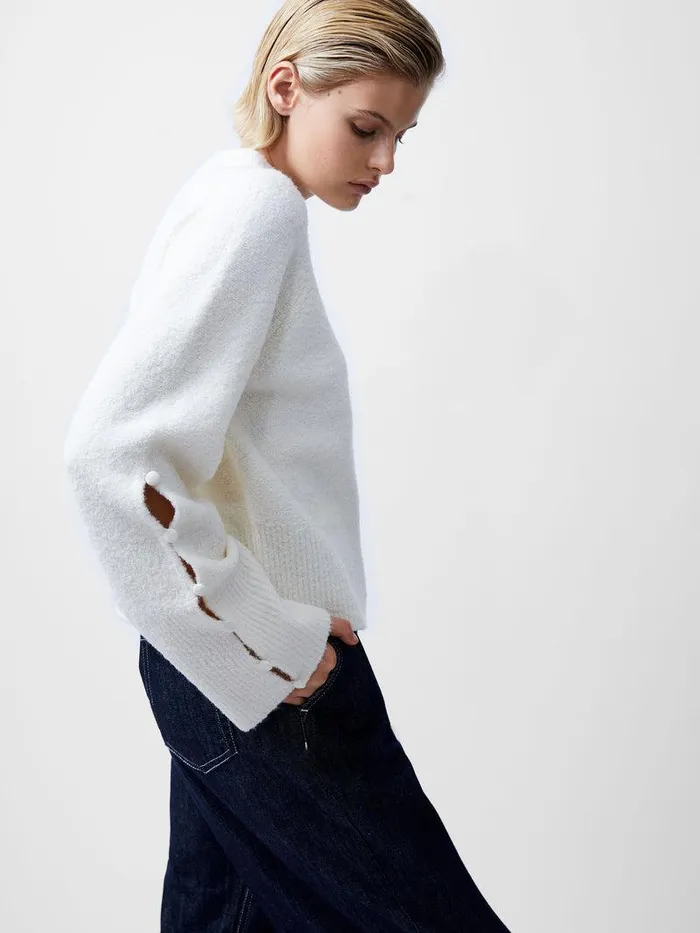 French Connection Jumpers and Cardigans Woman Melissa Boucle Button Detail Sleeve Jumper Porcelain Cream French Connection Jumpers and Cardigans Woman Melissa Boucle Button Detail Sleeve Jumper Porcelain Cream