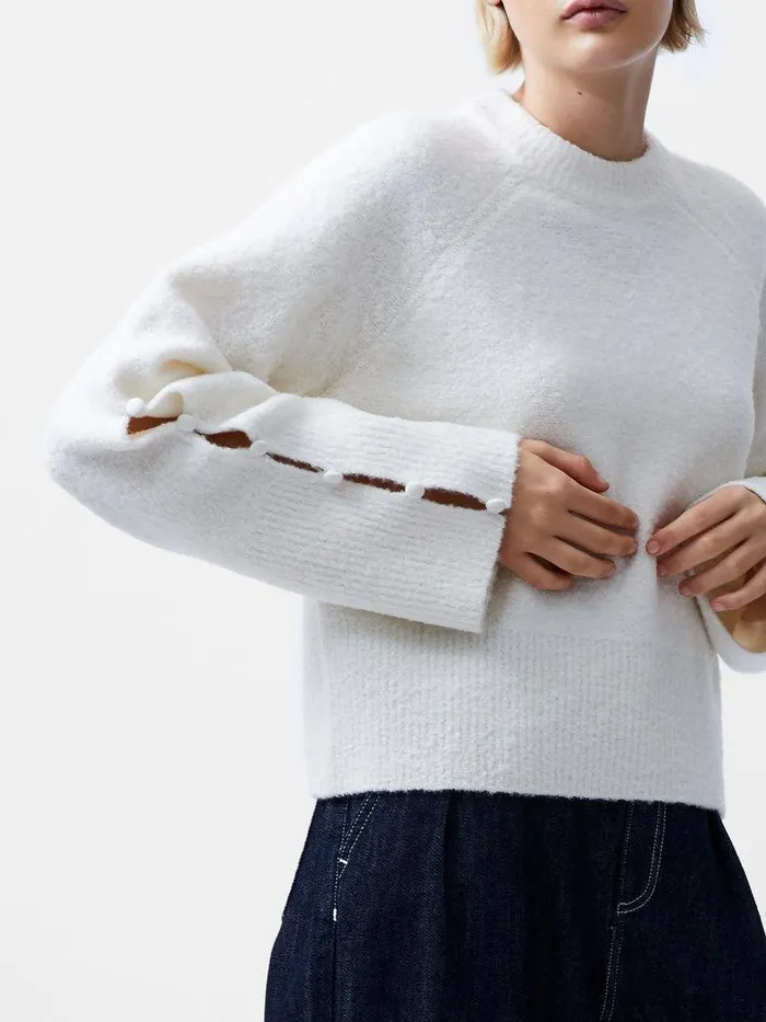 French Connection Jumpers and Cardigans Woman Melissa Boucle Button Detail Sleeve Jumper Porcelain Cream
