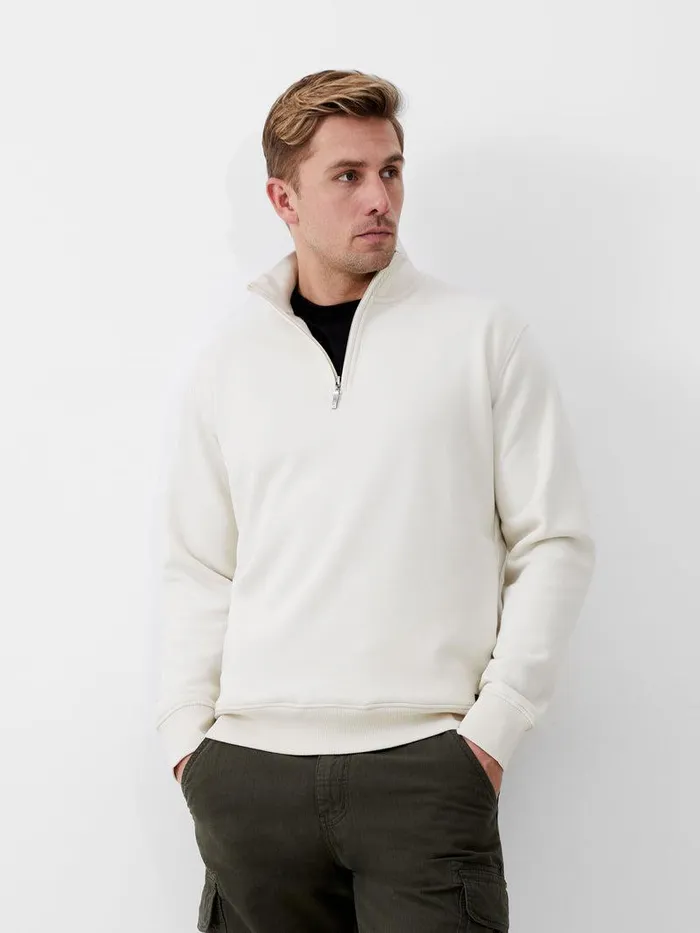 French Connection Knitwear Man Fleeceback Funnel Neck Half Zip Sweatshirt Ecru