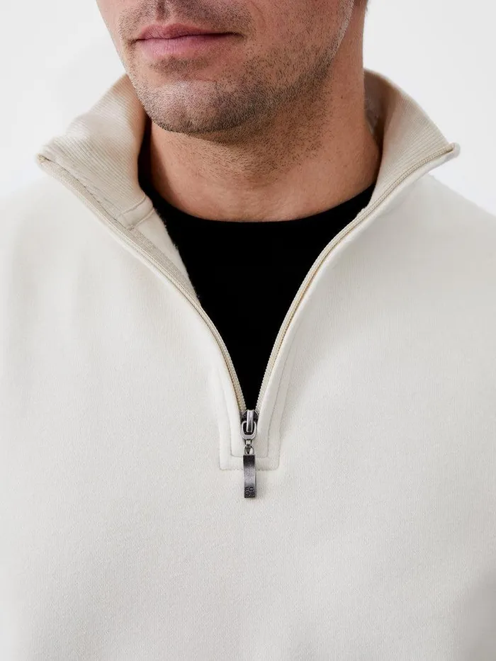 French Connection Knitwear Man Fleeceback Funnel Neck Half Zip Sweatshirt Ecru