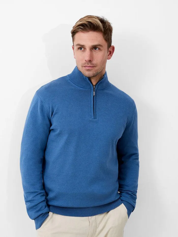 French Connection Knitwear Man Half Zip Funnel Neck Jumper Steel Blue