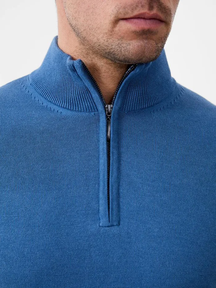 French Connection Knitwear Man Half Zip Funnel Neck Jumper Steel Blue