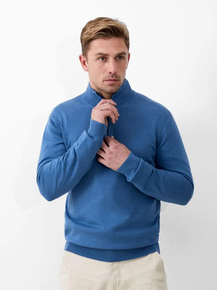 French Connection Knitwear Man Half Zip Funnel Neck Jumper Steel Blue