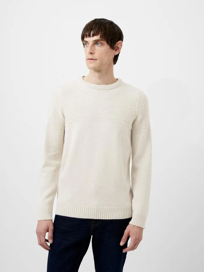 French Connection Knitwear Man Link Stitch Crew Neck Jumper Sand