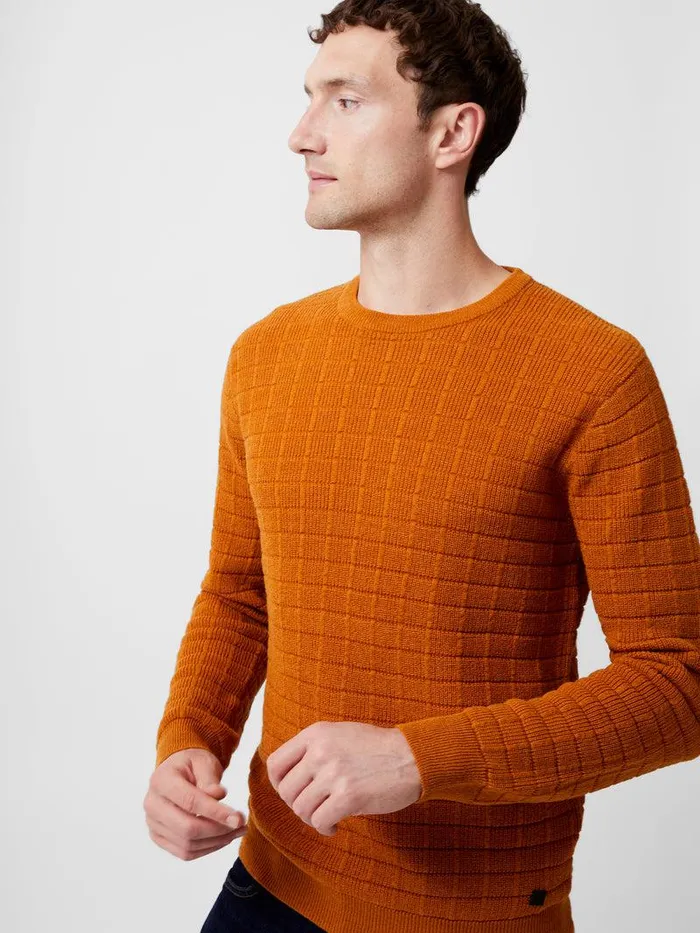 French Connection Knitwear Man Textured Crew Neck Jumper Rust