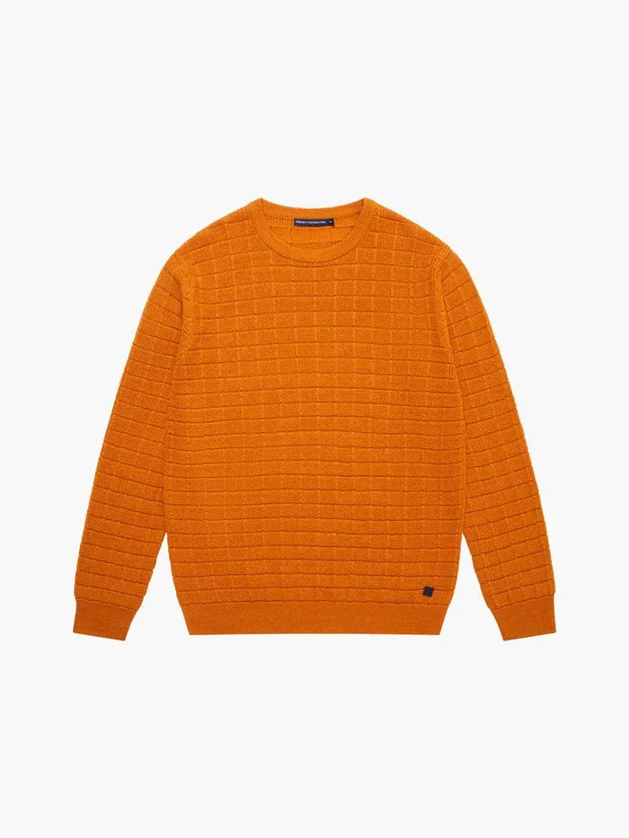 French Connection Knitwear Man Textured Crew Neck Jumper Rust