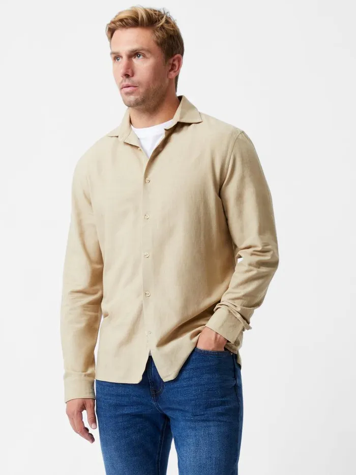 French Connection Shirts Man Long Sleeve Linen Blend Shirt Dark Sand