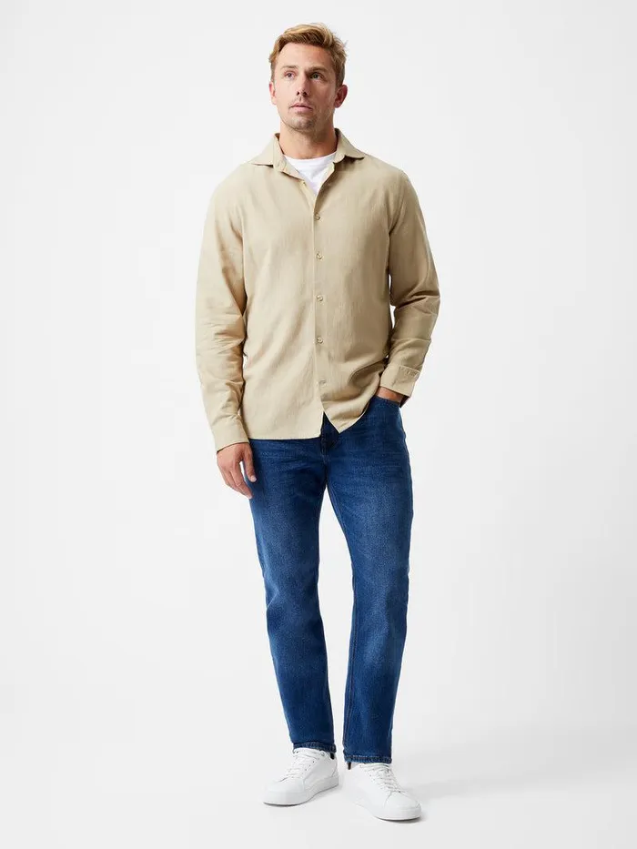 French Connection Shirts Man Long Sleeve Linen Blend Shirt Dark Sand