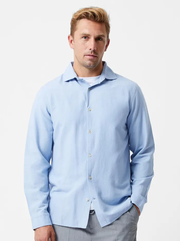 French Connection Shirts Man Long Sleeve Linen Blend Shirt Light Blue