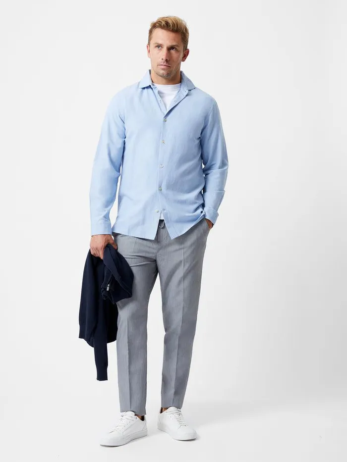 French Connection Shirts Man Long Sleeve Linen Blend Shirt Light Blue