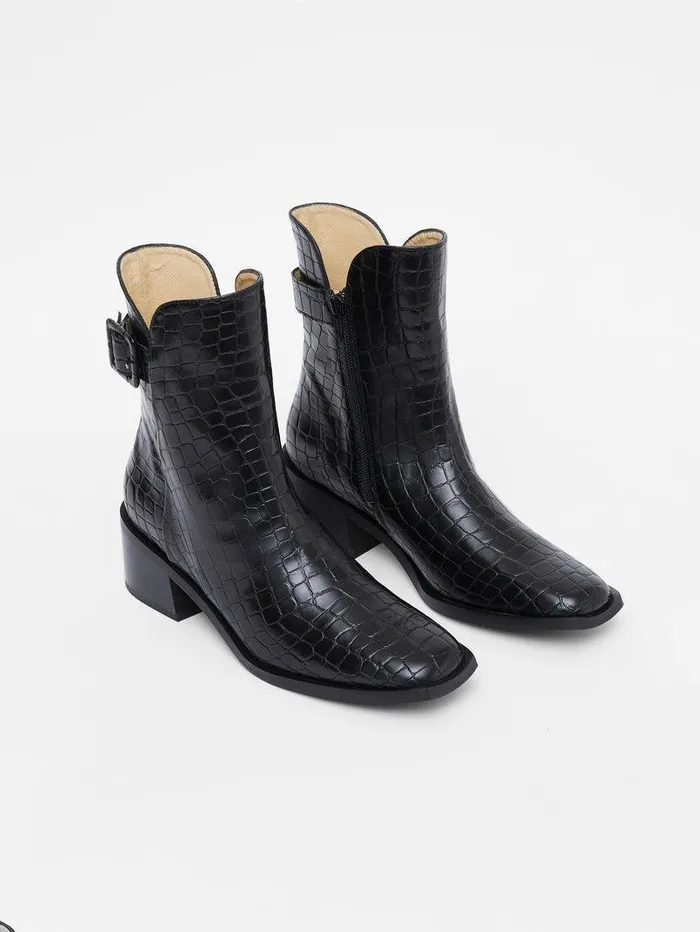 French Connection Shoes Woman Connic Croc Ankle Boots Black Croc