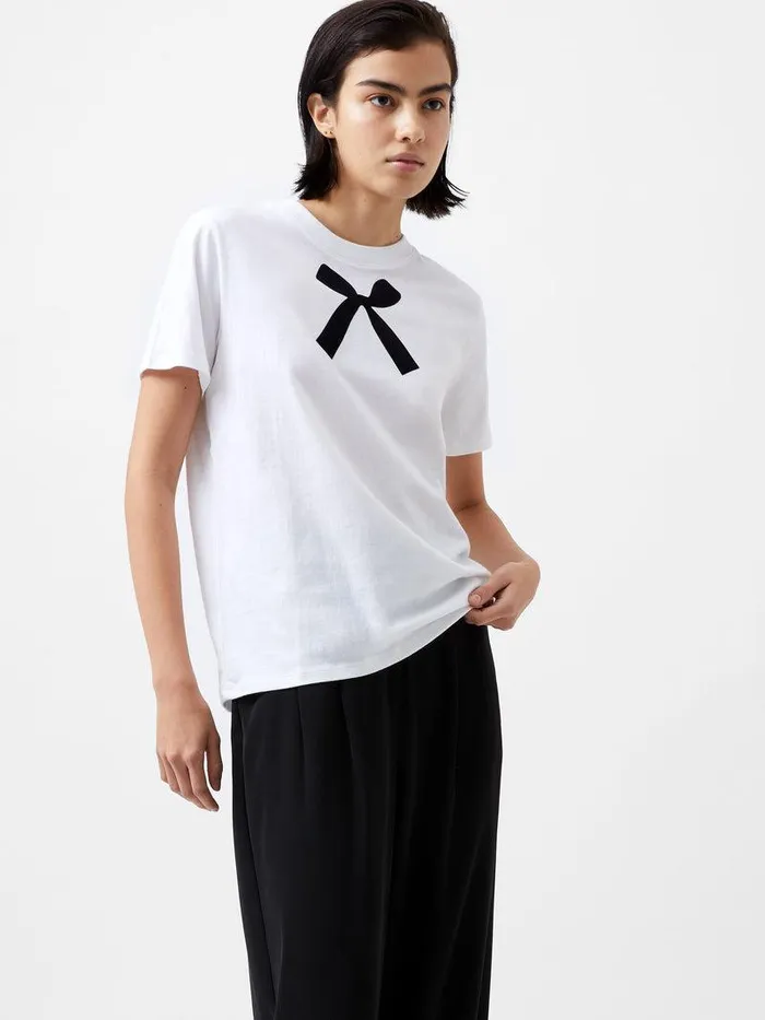 French Connection Tops Woman Bow Graphic TShirt Linen White