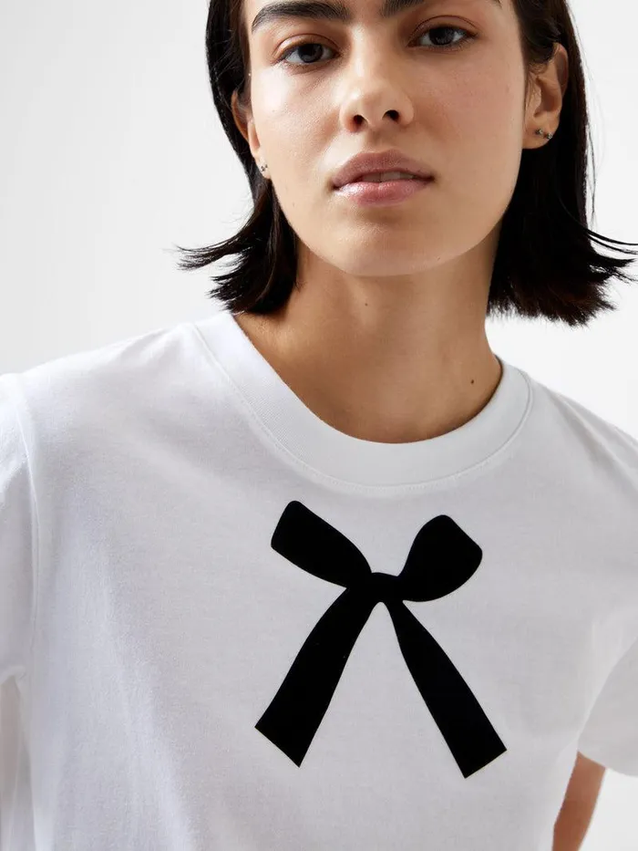 French Connection Tops Woman Bow Graphic TShirt Linen White