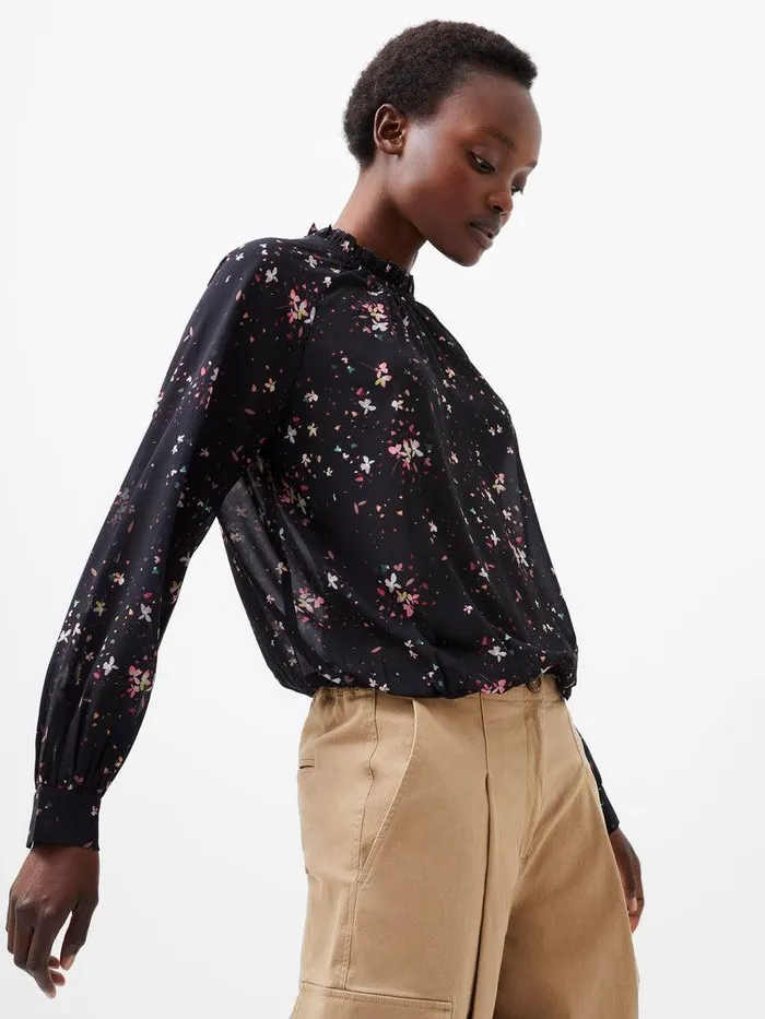French Connection Tops Woman Carina Georgette Frill High Neck Top Blackout Multi