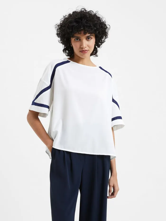 French Connection Tops Woman Crepe Recycled Light Embroidered Top Winter White