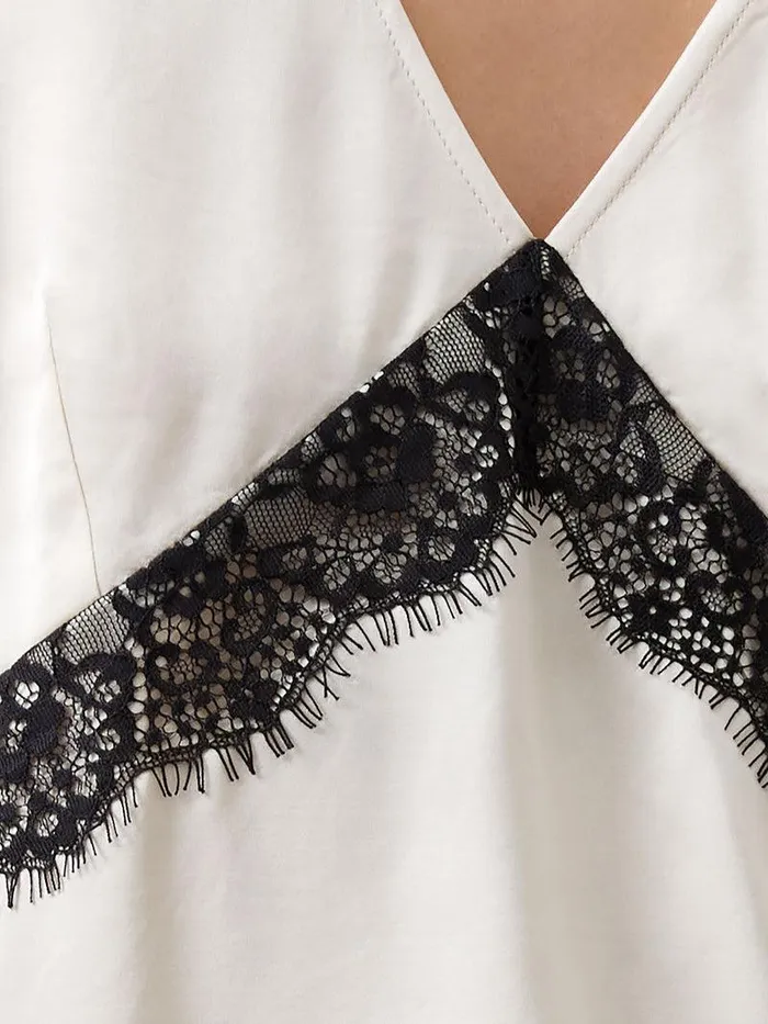 French Connection Tops Woman Ennis Eco Satin Lace Top Classic Creamblacko