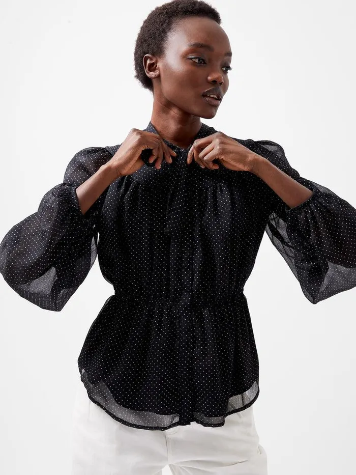 French Connection Tops Woman Ines Chiffon Fitted Waist Blouse Blackoutsummer Whit