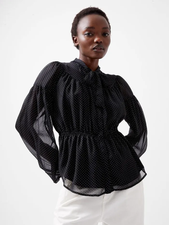 French Connection Tops Woman Ines Chiffon Fitted Waist Blouse Blackoutsummer Whit