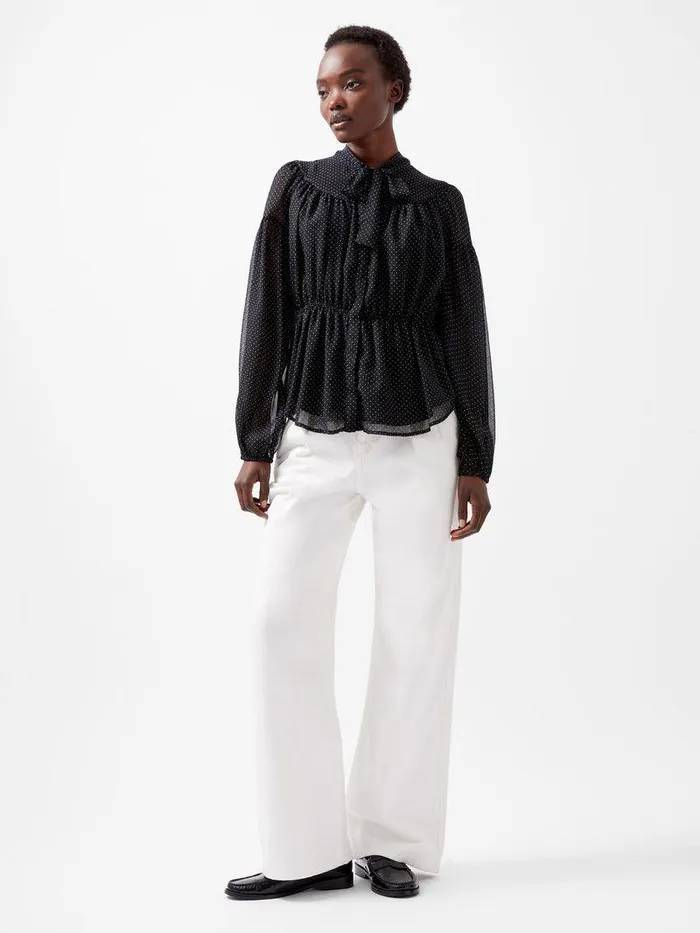 French Connection Tops Woman Ines Chiffon Fitted Waist Blouse Blackoutsummer Whit