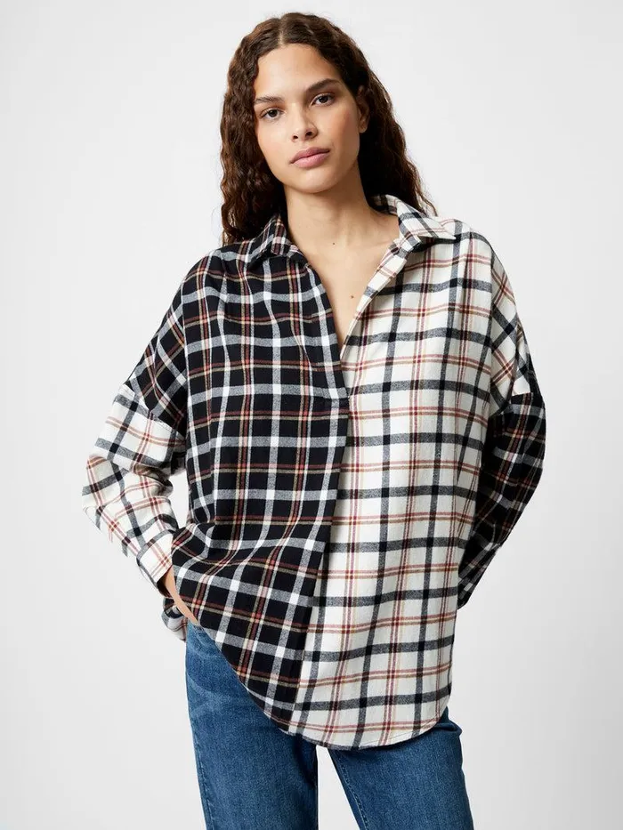 French Connection Tops Woman Mixed Flannel Check Popover Shirt Blackwinter White