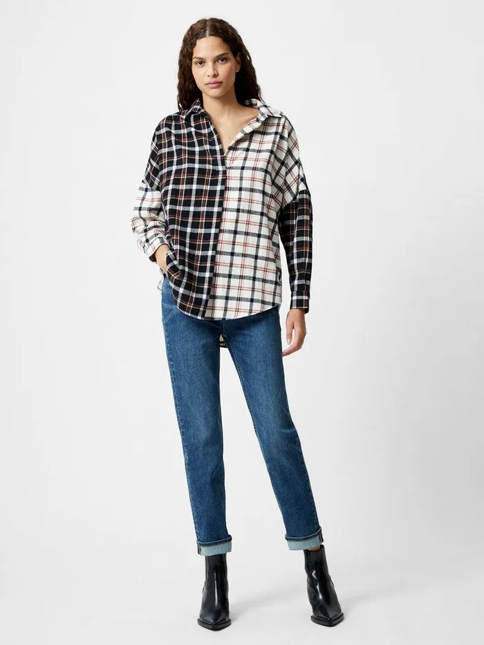 French Connection Tops Woman Mixed Flannel Check Popover Shirt Blackwinter White