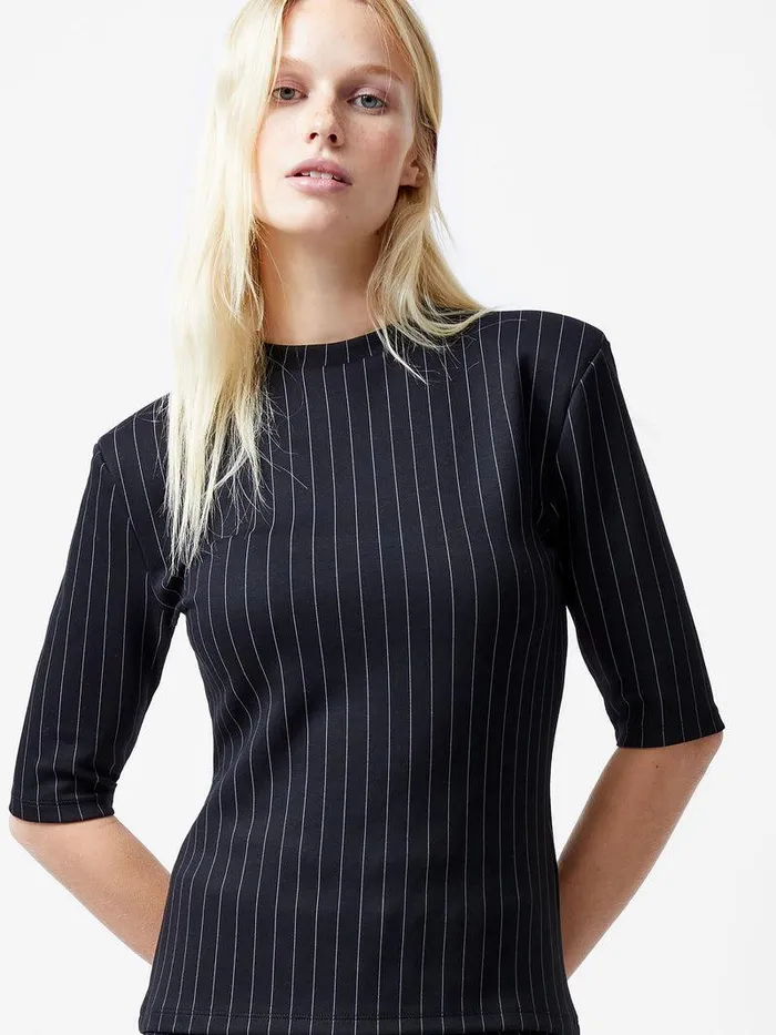 French Connection Tops Woman Regina Jersey Pinstripe Shoulder Pad TShirt Blackwhite
