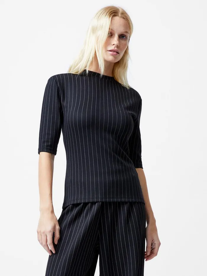 French Connection Tops Woman Regina Jersey Pinstripe Shoulder Pad TShirt Blackwhite
