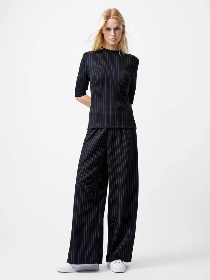 French Connection Tops Woman Regina Jersey Pinstripe Shoulder Pad TShirt Blackwhite