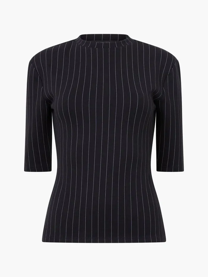 French Connection Tops Woman Regina Jersey Pinstripe Shoulder Pad TShirt Blackwhite