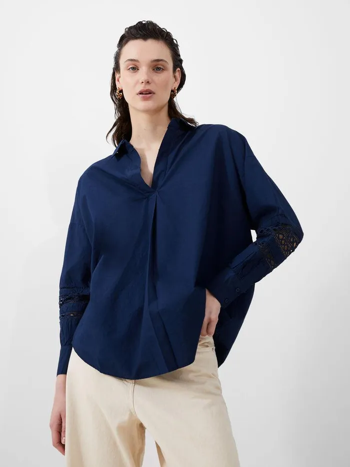 French Connection Tops Woman Rhodes Embroidered Long Sleeve Popover Shirt Midnight Blue