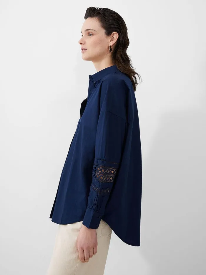 French Connection Tops Woman Rhodes Embroidered Long Sleeve Popover Shirt Midnight Blue