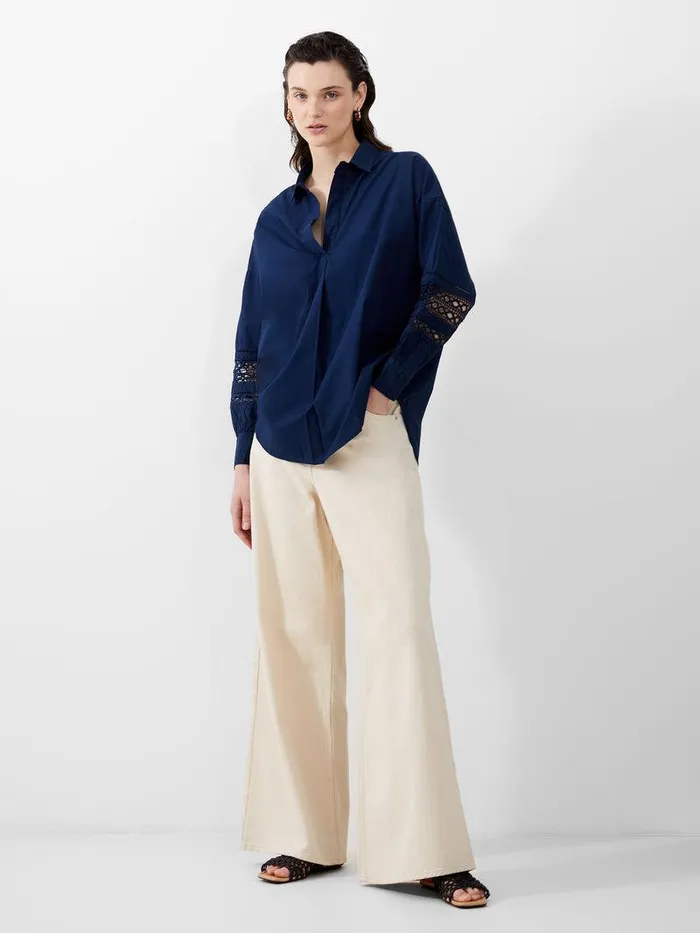 French Connection Tops Woman Rhodes Embroidered Long Sleeve Popover Shirt Midnight Blue