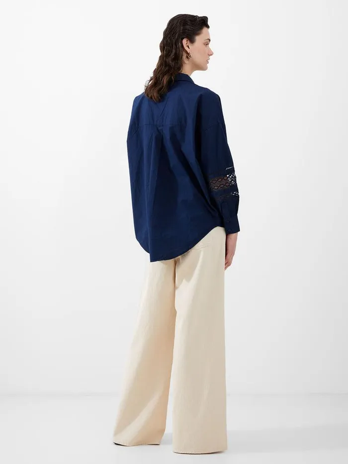 French Connection Tops Woman Rhodes Embroidered Long Sleeve Popover Shirt Midnight Blue