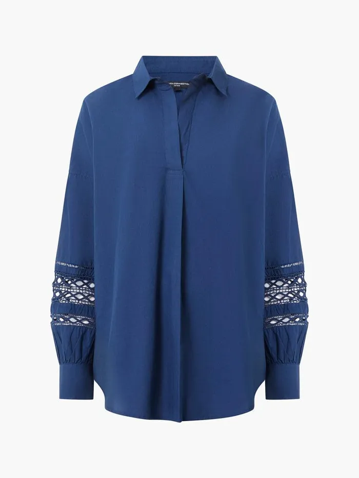 French Connection Tops Woman Rhodes Embroidered Long Sleeve Popover Shirt Midnight Blue