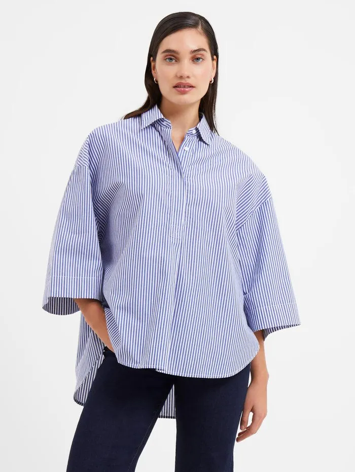 French Connection Tops Woman Rhodes Poplin Stripe Popover Shirt Linen Whitemarine