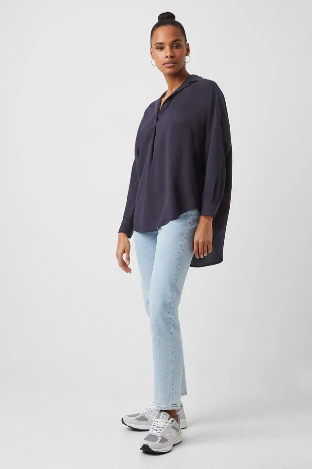 French Connection Tops Woman Rhodes Recycled Crepe Popover Shirt Utility Blue