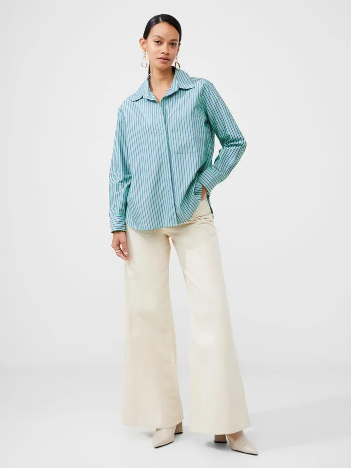 French Connection Tops Woman Stripe Poplin Boyfriend Shirt Grnbluwht Stripe