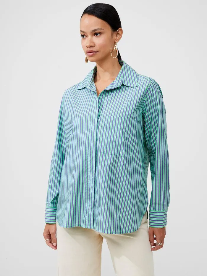 French Connection Tops Woman Stripe Poplin Boyfriend Shirt Grnbluwht Stripe