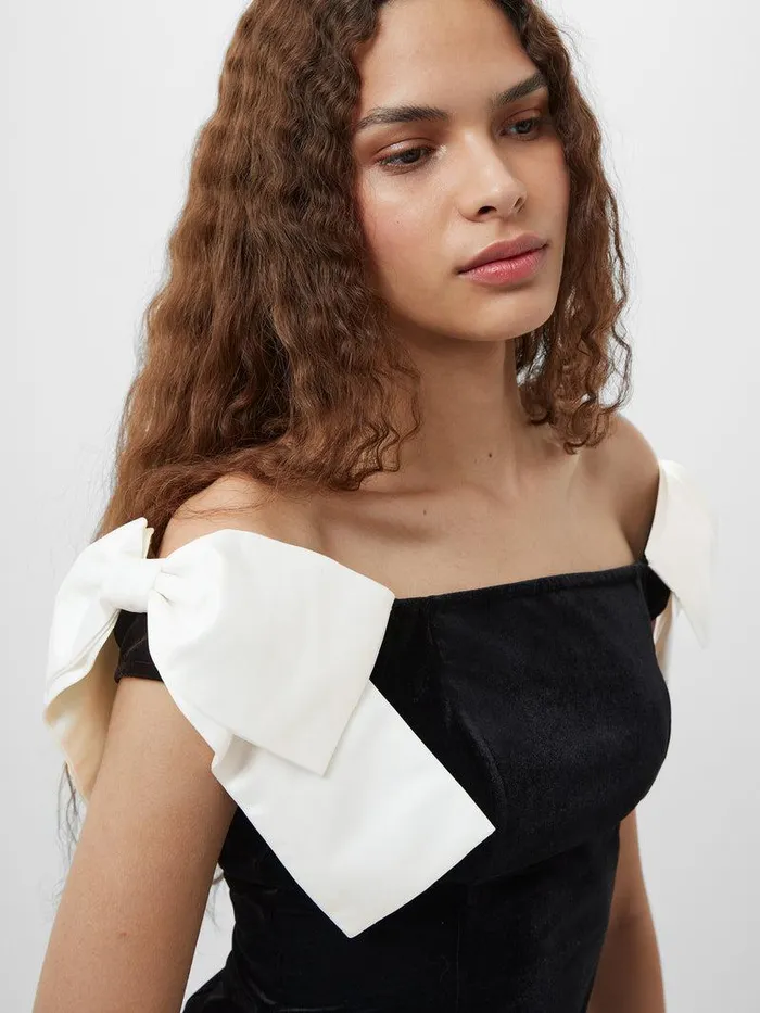 French Connection Tops Woman Velvet Carey Satin Bow Top Blackporcelain Crea