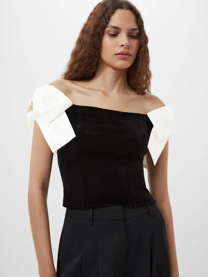 French Connection Tops Woman Velvet Carey Satin Bow Top Blackporcelain Crea