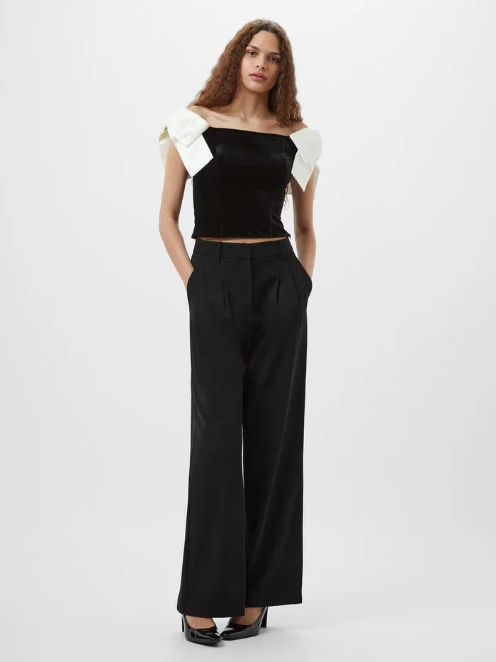 French Connection Tops Woman Velvet Carey Satin Bow Top Blackporcelain Crea