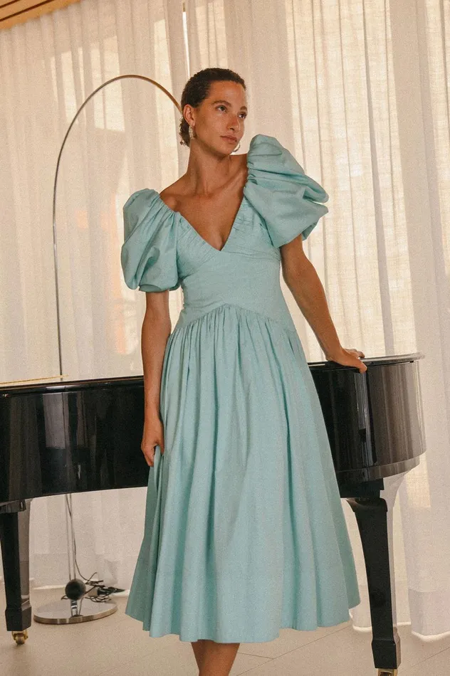 Gabrielle Plunge Midi Dress Spearmint Blue Women Aje Dresses