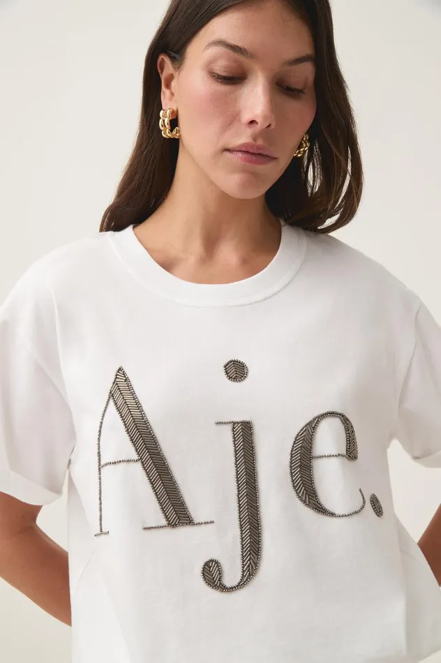 Glint Embellished Logo Tee Whitegunmetal Women Aje Tees