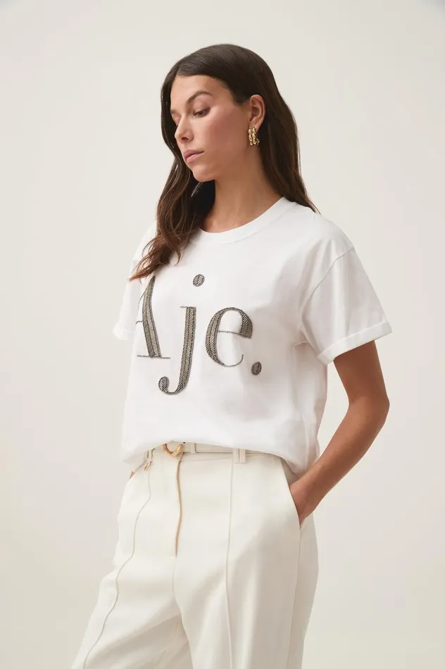 Glint Embellished Logo Tee Whitegunmetal Women Aje Tees Glint Embellished Logo Tee Whitegunmetal Women Aje Tees