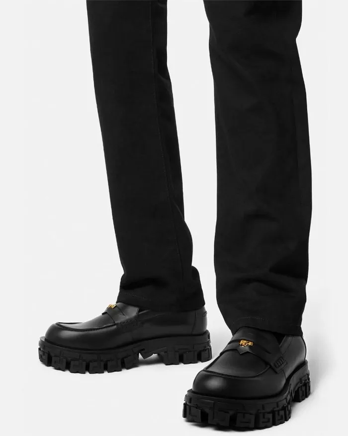 Greca Portico Loafers Blackgold Men Versace Loafers and Slippers