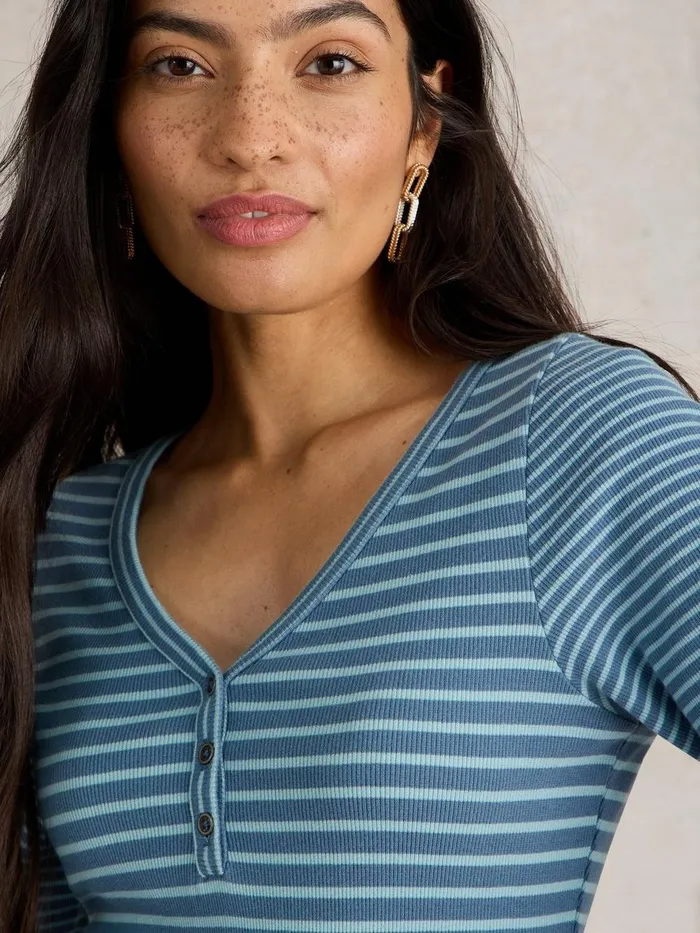 HALLEY RIB STRIPE HENLEY Blue Multi Women White Stuff Tops and Tees HALLEY RIB STRIPE HENLEY Blue Multi Women White Stuff Tops and Tees