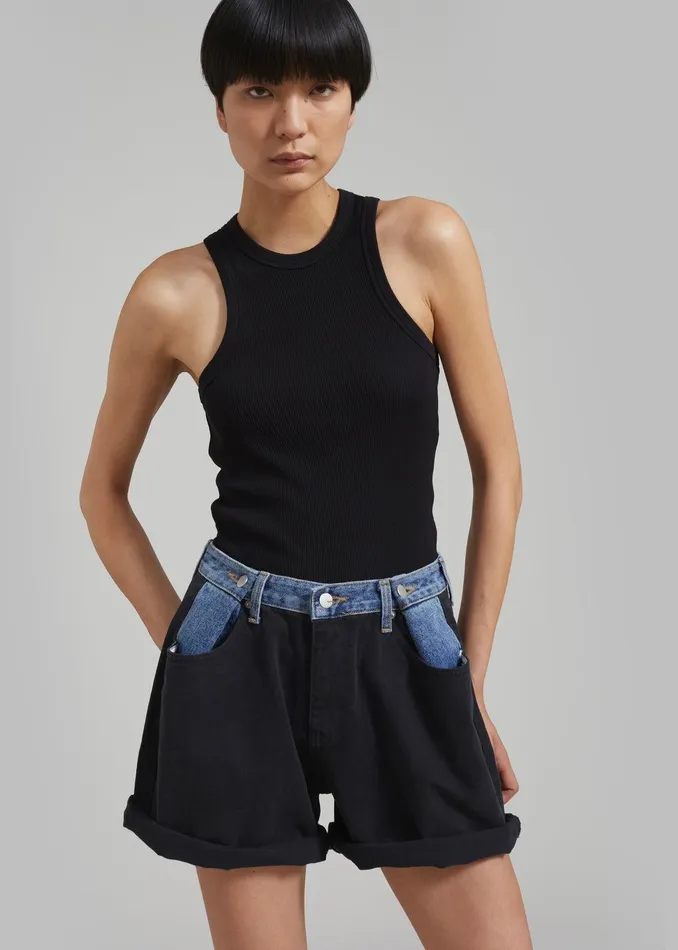 Hayla Contrast Denim Shorts 8211 BlackBlue Women The Frankie Shop Clothing