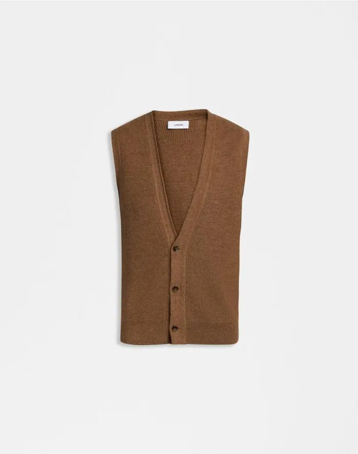 Hazelnut Organic Wool And Alpaca Knit Waistcoat Men Lardini Knitwear
