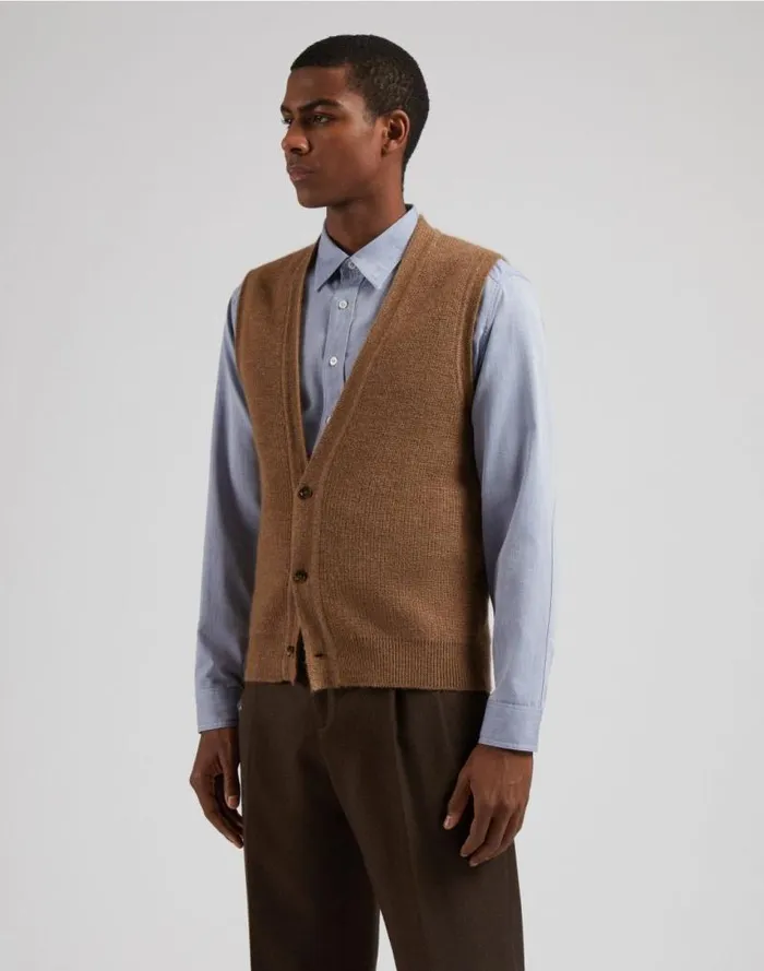 Hazelnut Organic Wool And Alpaca Knit Waistcoat Men Lardini Knitwear