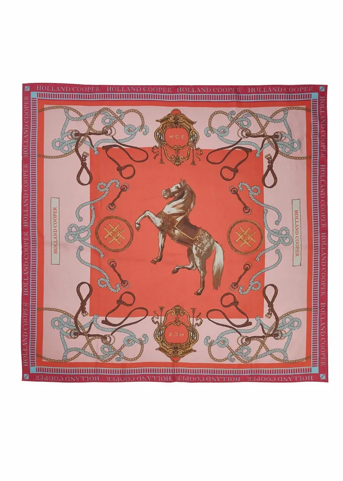Holland Cooper Regal Horse Silk Scarf Coral Womens Scarves
